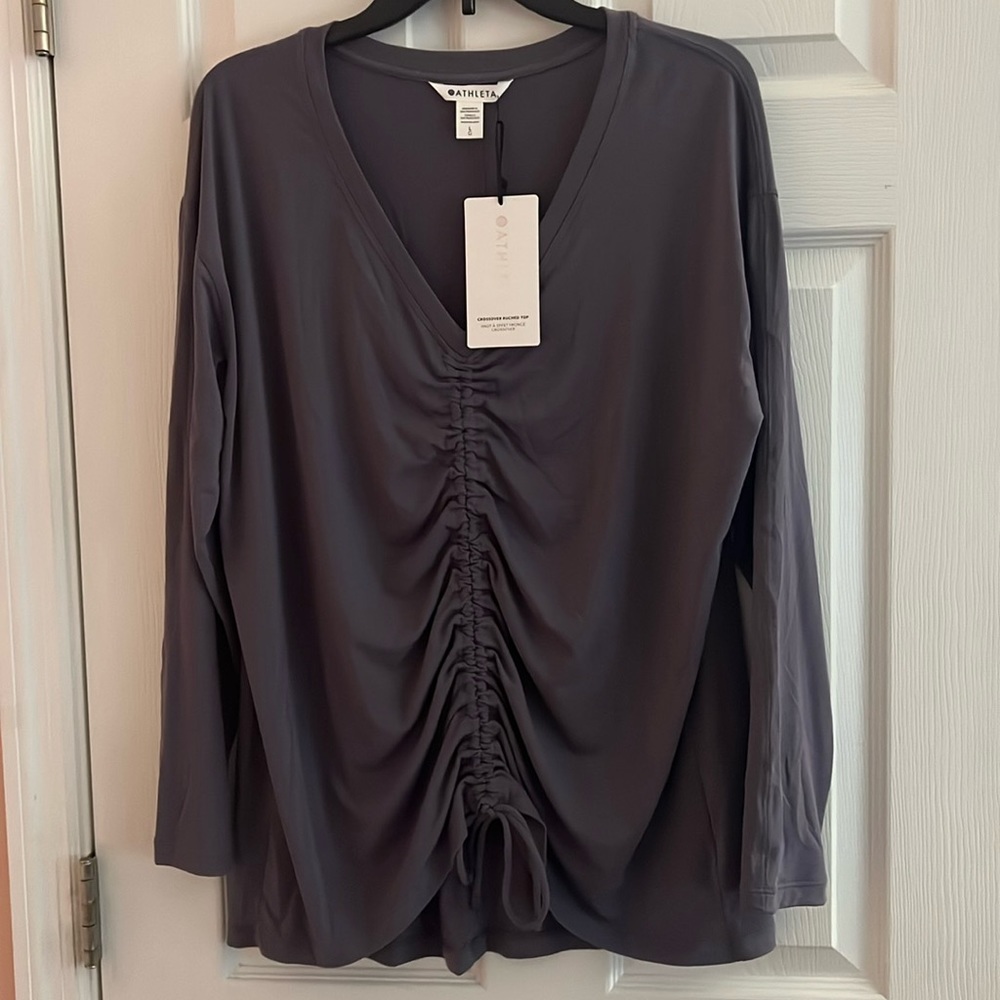 Athleta purple crossover ruched top. NWT size L